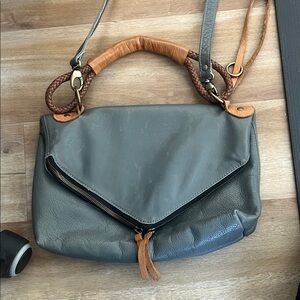 Henri Lou Gray Leather Envelope Shoulder Bag with Tan Accents